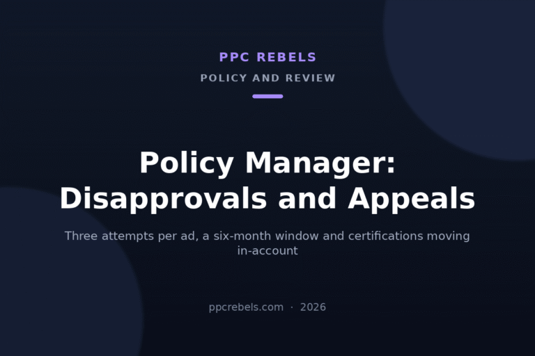 PPC Rebels article cover on Google Ads Policy Manager in 2026: disapprovals and appeals