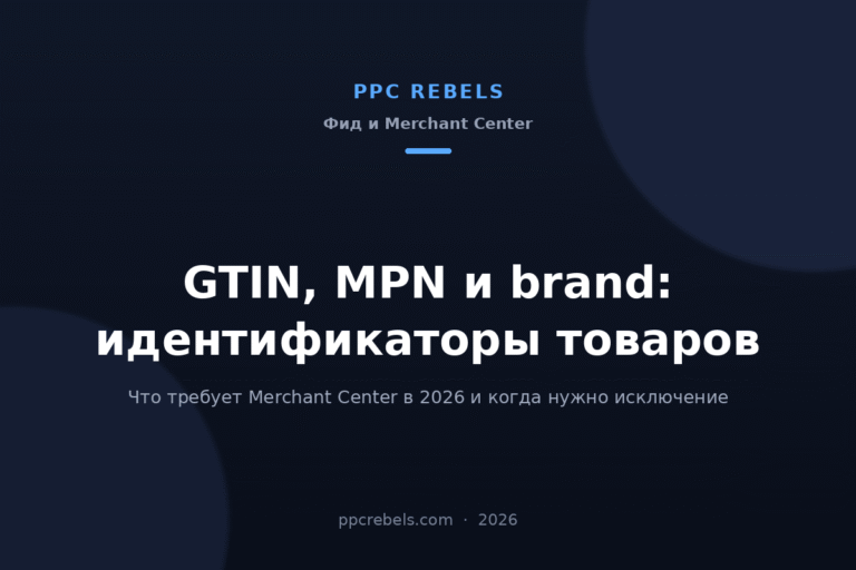 Обложка статьи PPC Rebels 2026 об идентификаторах товаров Merchant Center: GTIN, MPN и brand