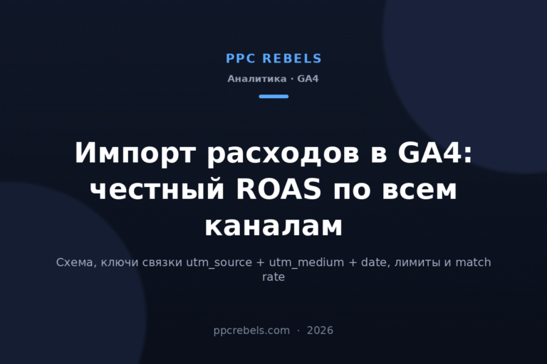Обложка статьи PPC Rebels про импорт расходов и кампанийных данных в GA4 в 2026 году