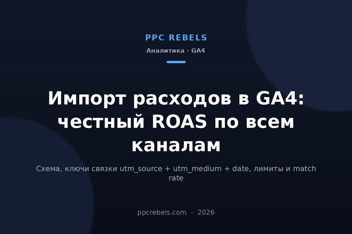 Обложка статьи PPC Rebels про импорт расходов и кампанийных данных в GA4 в 2026 году
