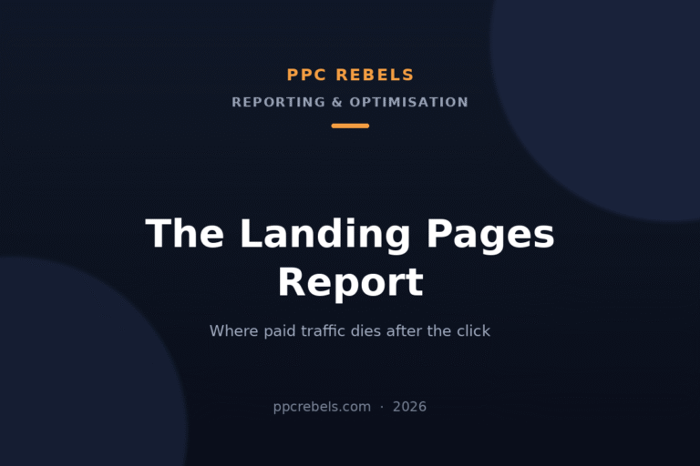 PPC Rebels 2026 cover image for the guide to the Google Ads landing pages report