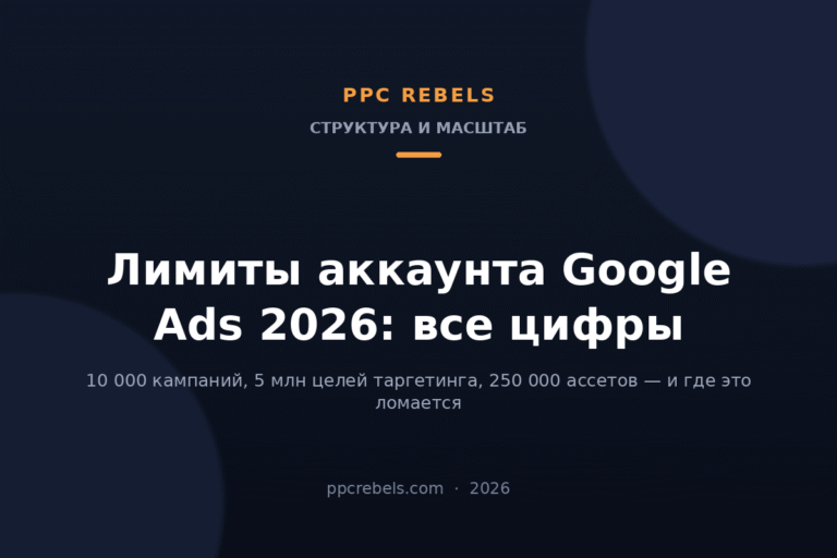 Обложка статьи PPC Rebels: лимиты аккаунта Google Ads 2026 — кампании, группы объявлений, ключевые слова и ассеты