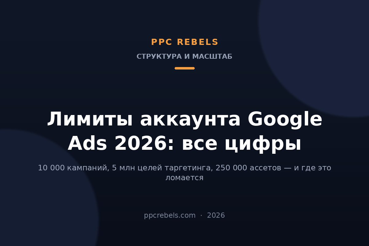 Обложка статьи PPC Rebels: лимиты аккаунта Google Ads 2026 — кампании, группы объявлений, ключевые слова и ассеты
