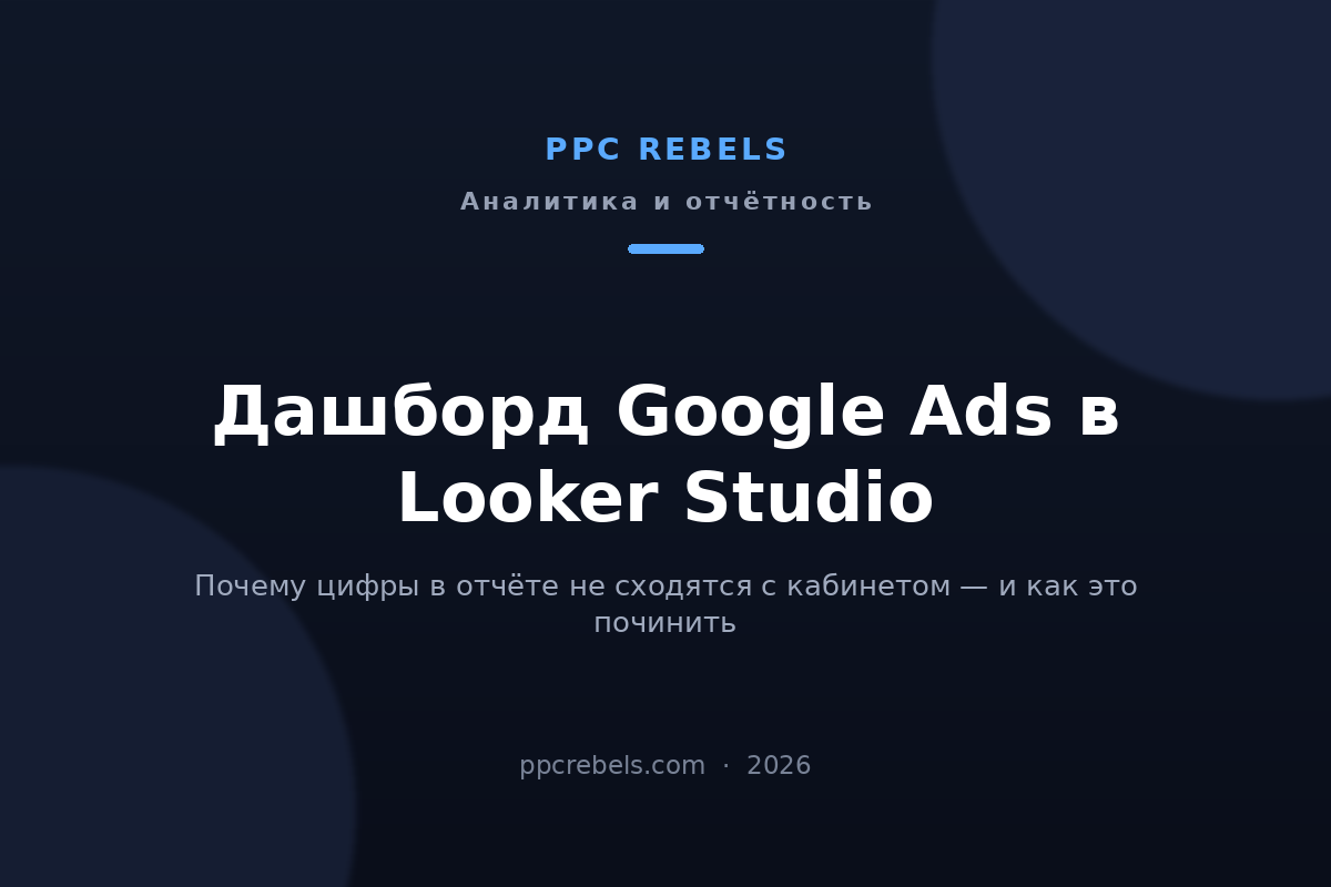 Обложка статьи PPC Rebels: дашборд Google Ads в Looker Studio 2026 — почему цифры не сходятся с кабинетом