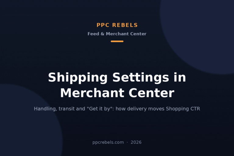 PPC Rebels 2026 article cover on Merchant Center shipping settings: handling time, zones and rates