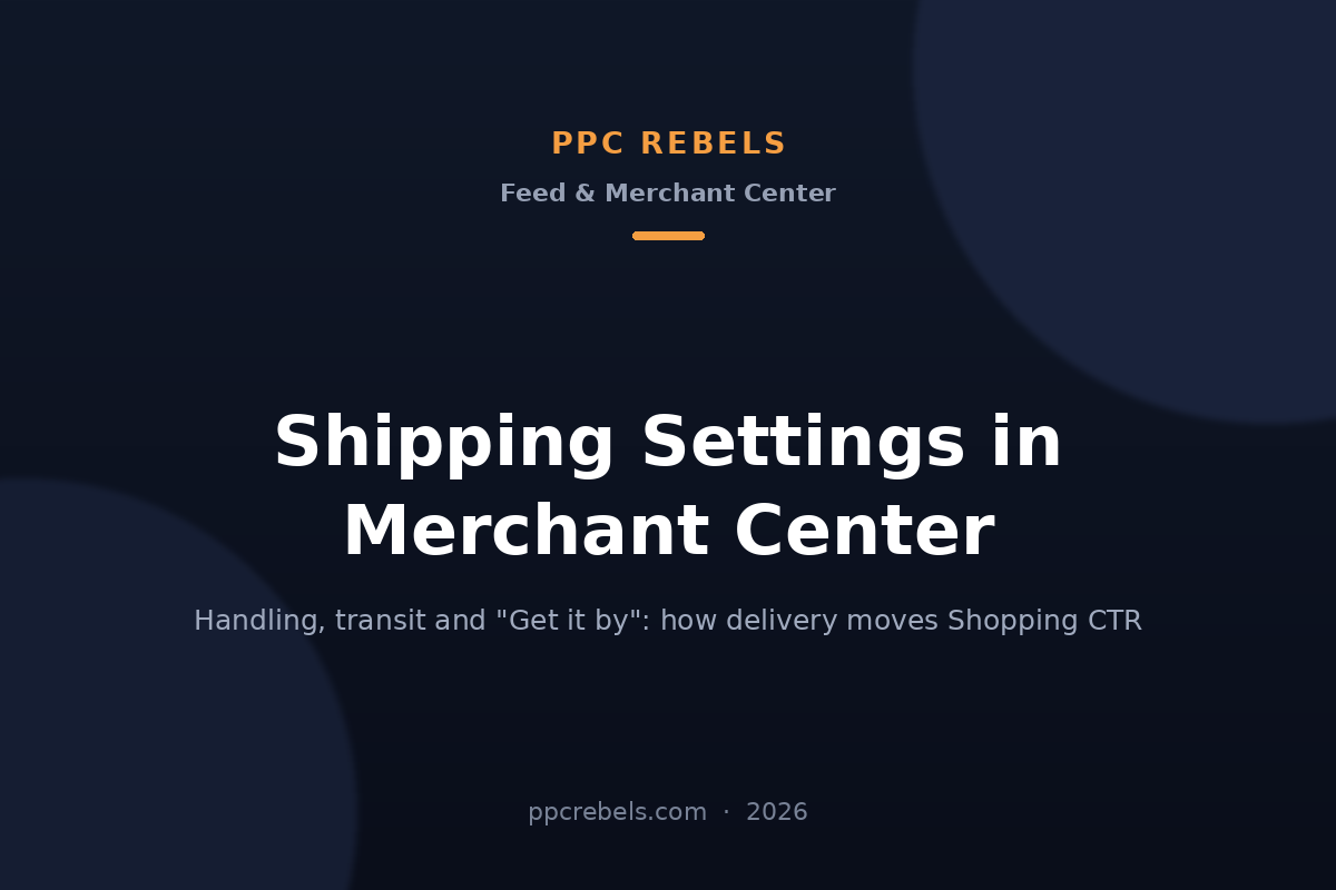 PPC Rebels 2026 article cover on Merchant Center shipping settings: handling time, zones and rates