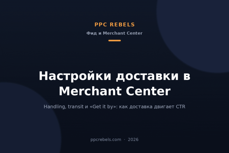Обложка статьи PPC Rebels 2026 о настройках доставки в Merchant Center: сроки, зоны и тарифы