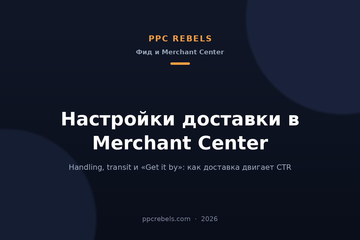 Обложка статьи PPC Rebels 2026 о настройках доставки в Merchant Center: сроки, зоны и тарифы