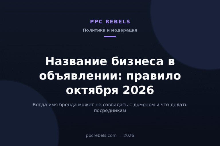 Обложка статьи PPC Rebels: правило октября 2026 о названии бизнеса в объявлениях Google Ads и соответствии домену