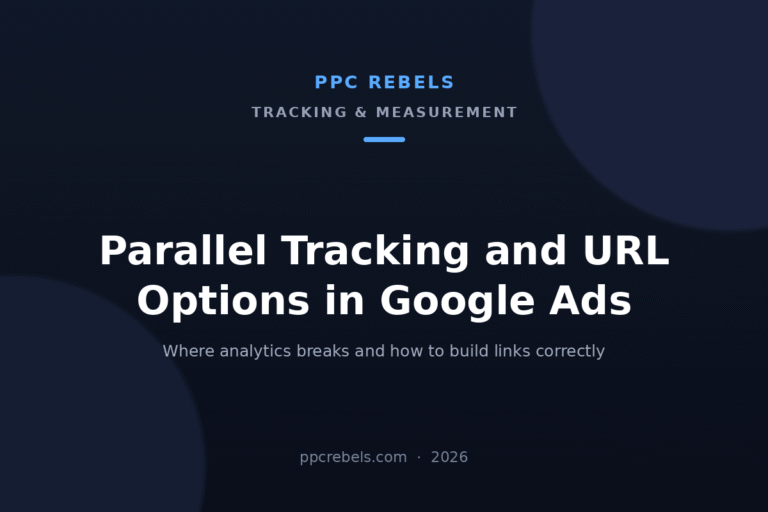 PPC Rebels cover for the 2026 guide to parallel tracking and URL options in Google Ads