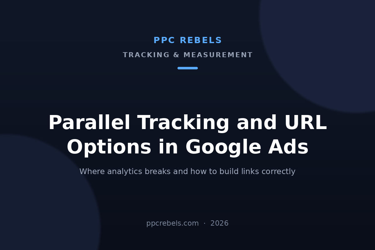 PPC Rebels cover for the 2026 guide to parallel tracking and URL options in Google Ads