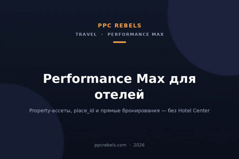 Обложка статьи PPC Rebels: Performance Max для отелей, property-ассеты и прямые бронирования, 2026