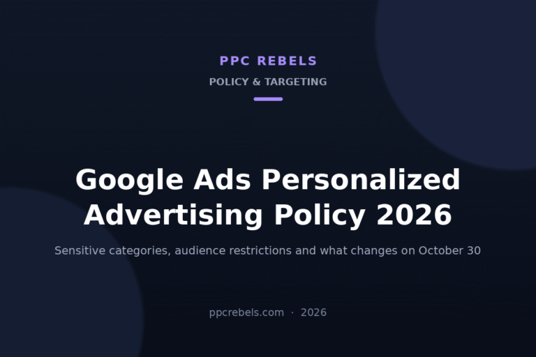 PPC Rebels cover: Google Ads personalized advertising policy 2026, sensitive interest categories and audience targeting restrictions