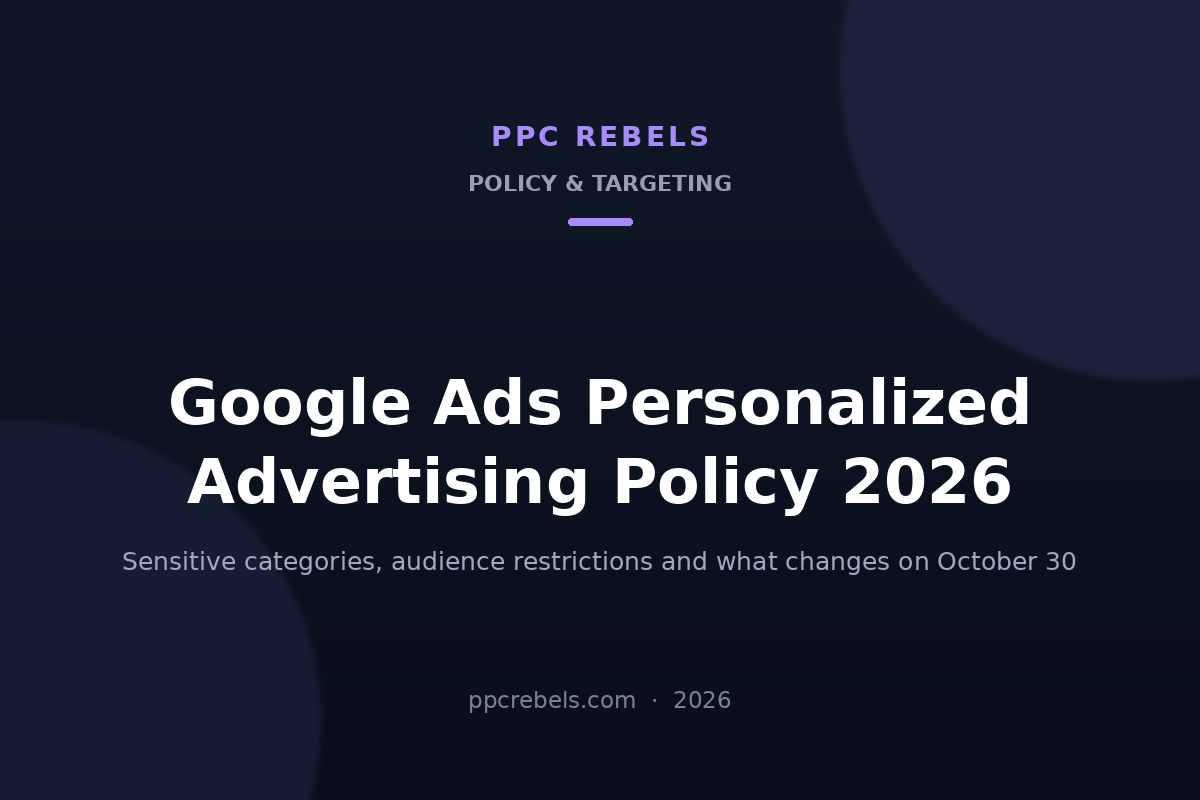 PPC Rebels cover: Google Ads personalized advertising policy 2026, sensitive interest categories and audience targeting restrictions