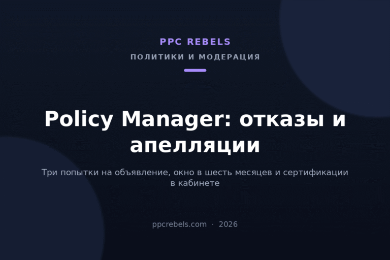 Обложка статьи PPC Rebels про Policy Manager в Google Ads 2026: отказы и апелляции