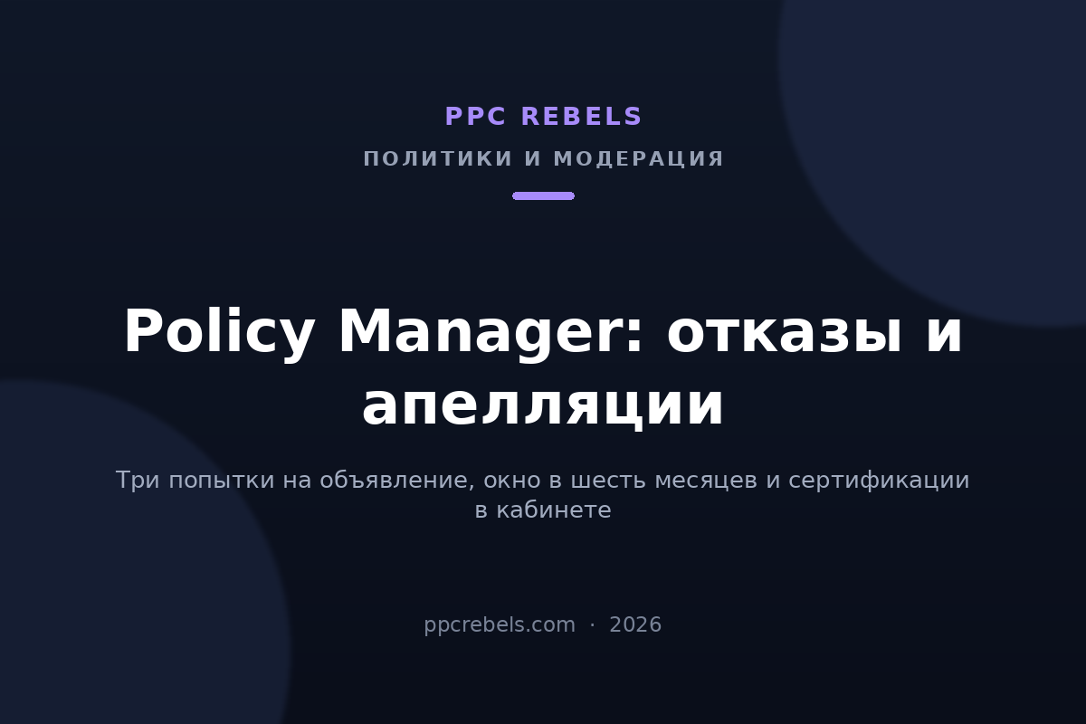Обложка статьи PPC Rebels про Policy Manager в Google Ads 2026: отказы и апелляции