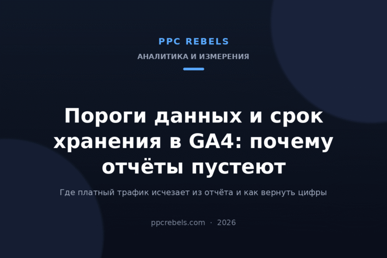 Обложка статьи PPC Rebels 2026 о порогах данных и сроке хранения в GA4: почему отчёты по платному трафику пустеют