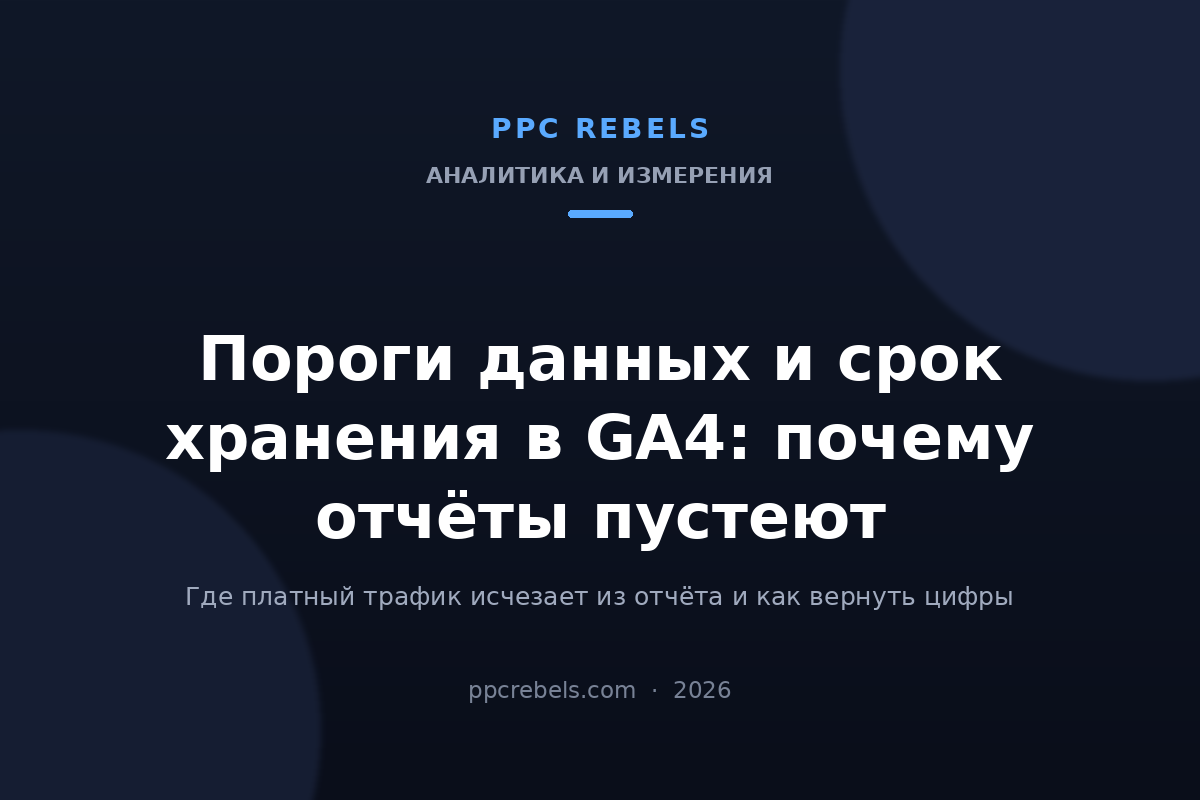 Обложка статьи PPC Rebels 2026 о порогах данных и сроке хранения в GA4: почему отчёты по платному трафику пустеют