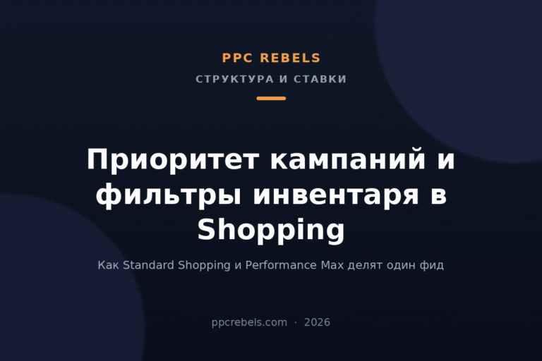 Обложка статьи PPC Rebels про приоритет кампаний и фильтры инвентаря в Google Shopping в 2026 году
