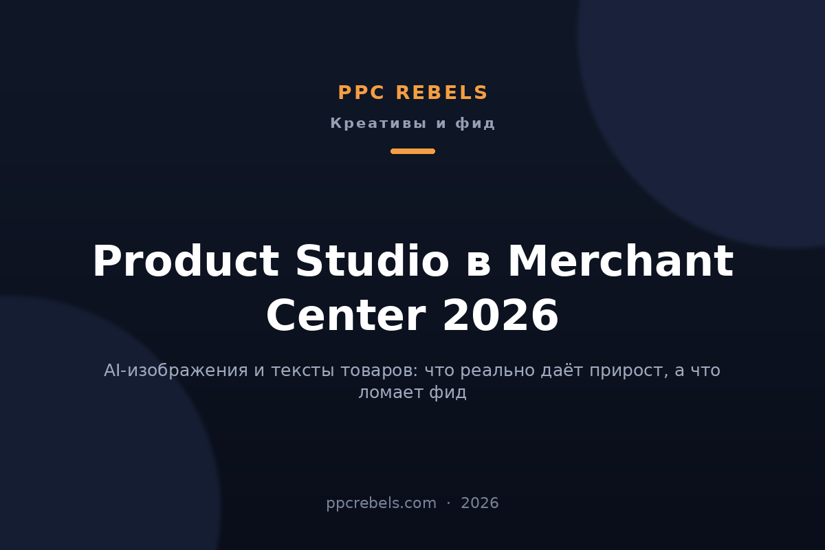 Обложка статьи PPC Rebels про Product Studio в Merchant Center и AI-ассеты для товаров в 2026 году