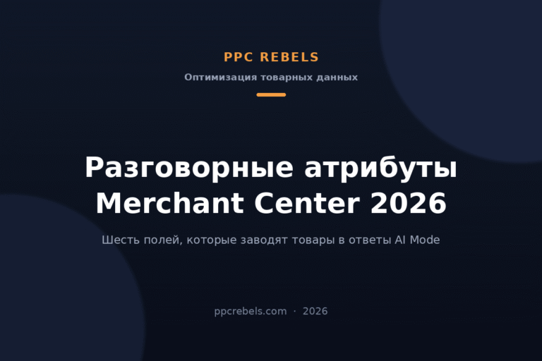 Обложка статьи PPC Rebels: разговорные атрибуты Merchant Center 2026 и ответы AI Mode