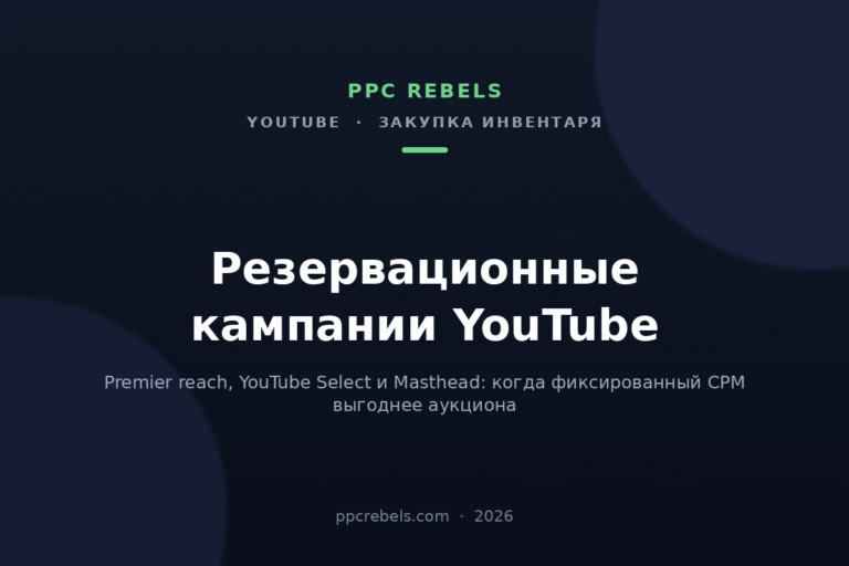 Обложка статьи PPC Rebels: резервационные кампании YouTube, Premier reach и Masthead, 2026