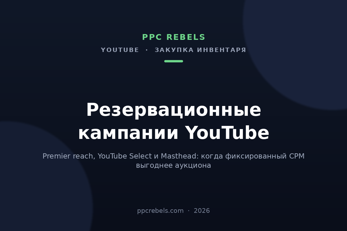Обложка статьи PPC Rebels: резервационные кампании YouTube, Premier reach и Masthead, 2026