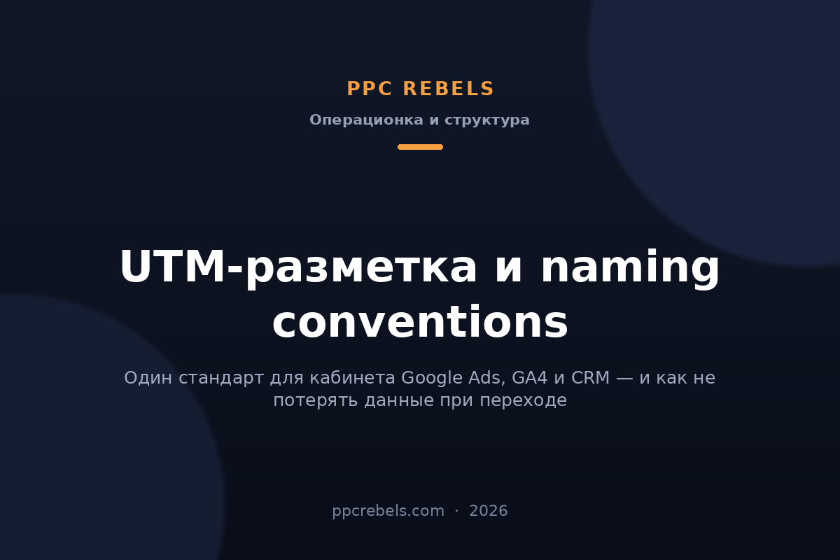 Обложка статьи PPC Rebels об UTM-разметке Google Ads и naming conventions в 2026 году